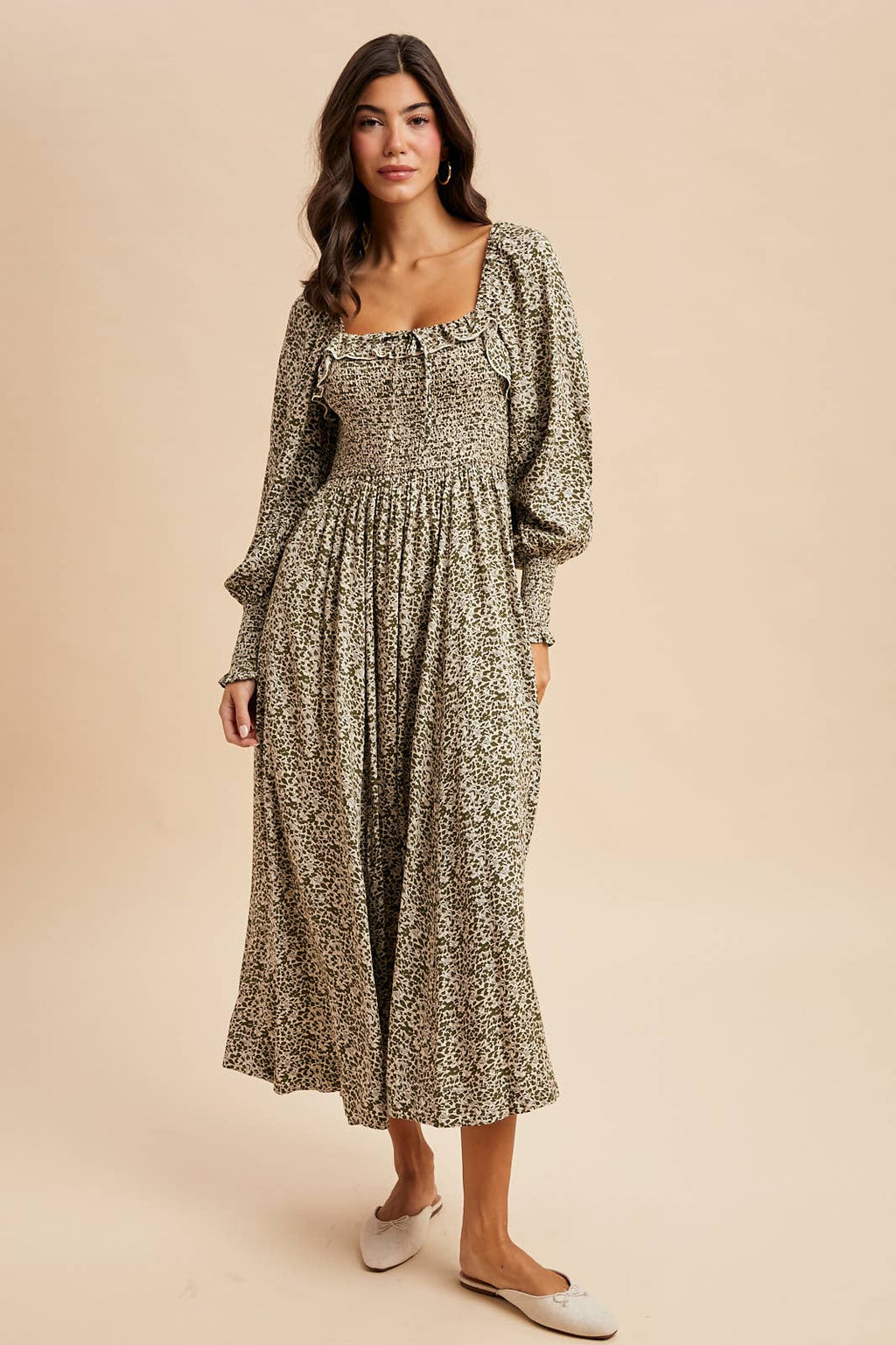 SMOCKED RUFFLED FLORAL MAXI