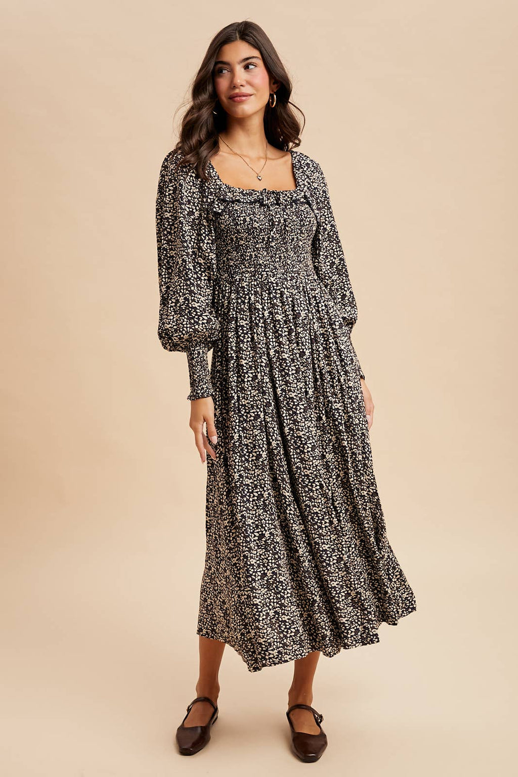 SMOCKED RUFFLED FLORAL MAXI