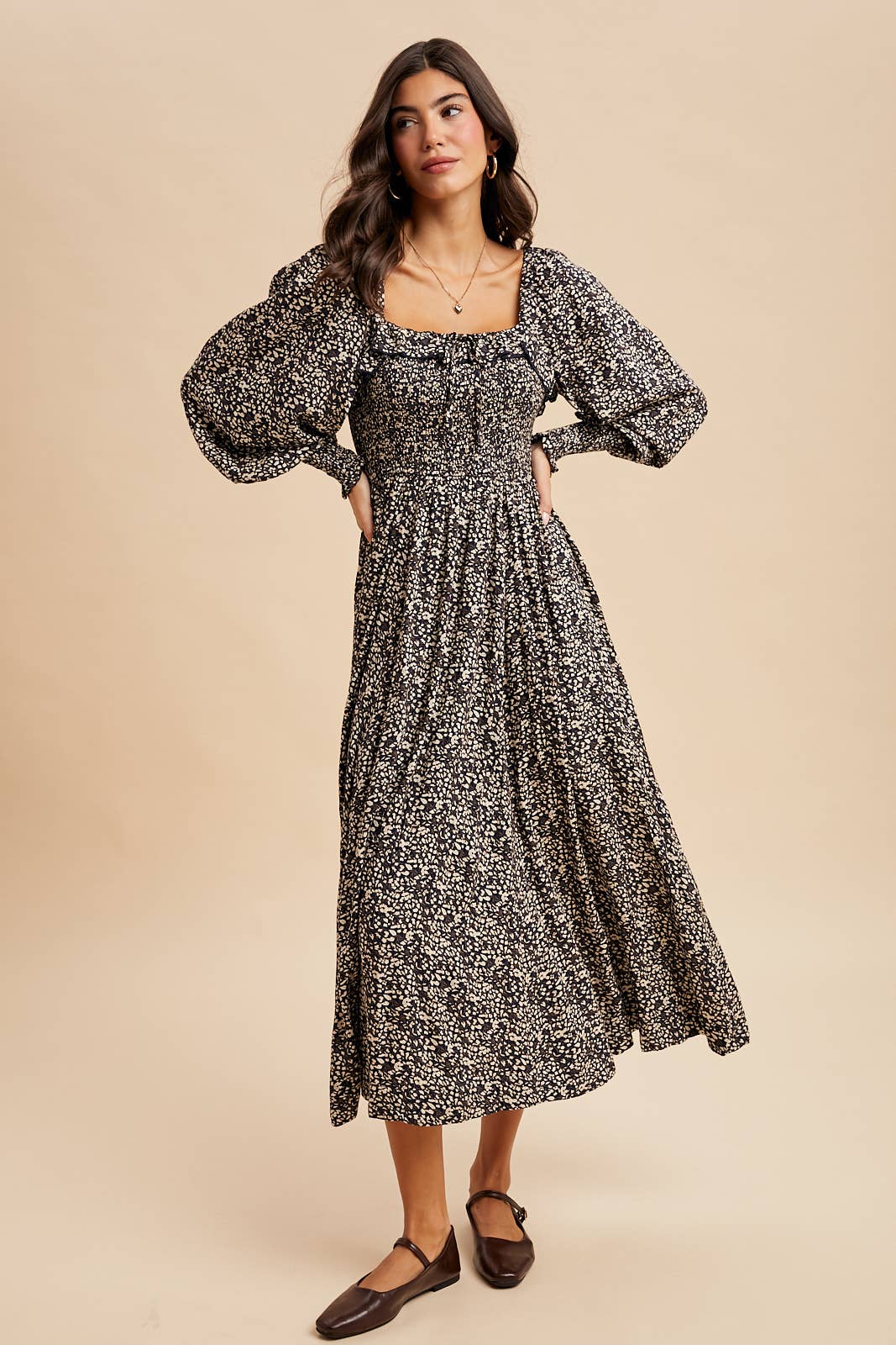 SMOCKED RUFFLED FLORAL MAXI