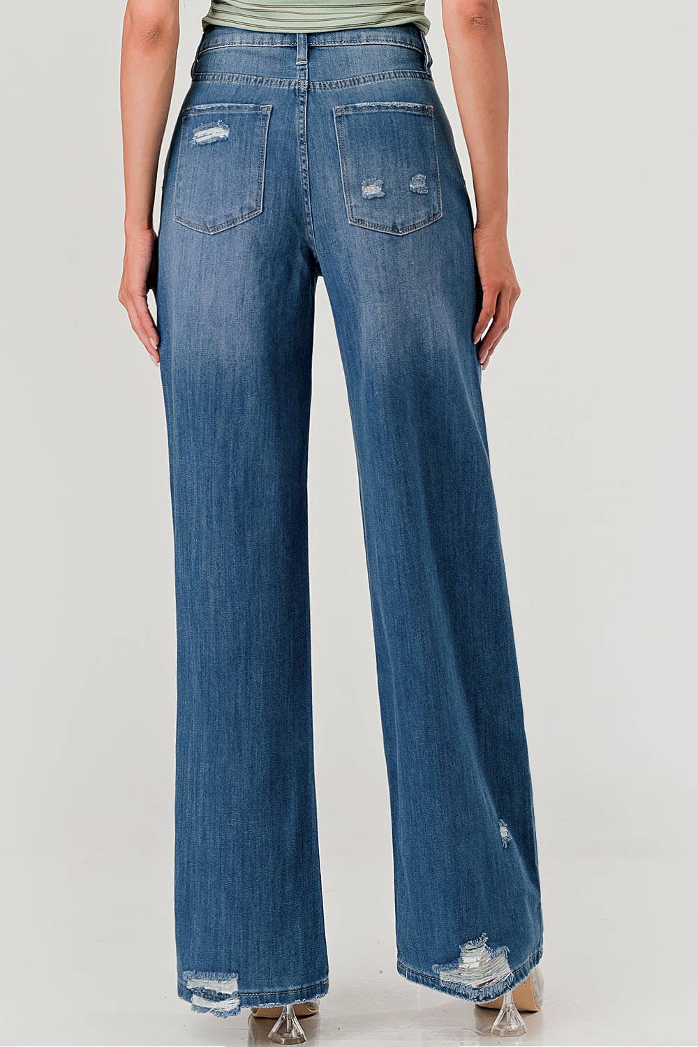 M1360O - Medium Wash - Knee Slit Distressed Skater Jeans