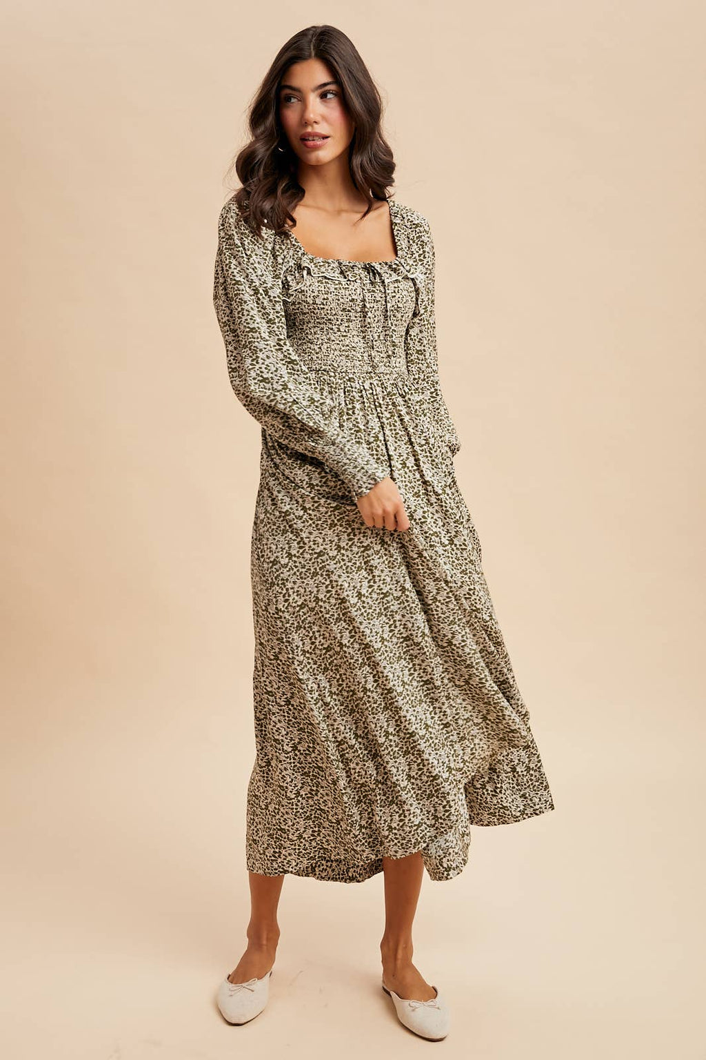 SMOCKED RUFFLED FLORAL MAXI