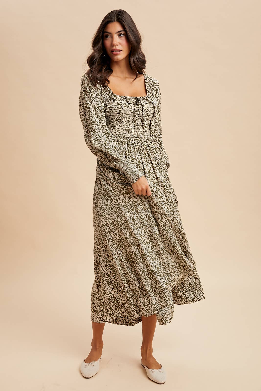 SMOCKED RUFFLED FLORAL MAXI