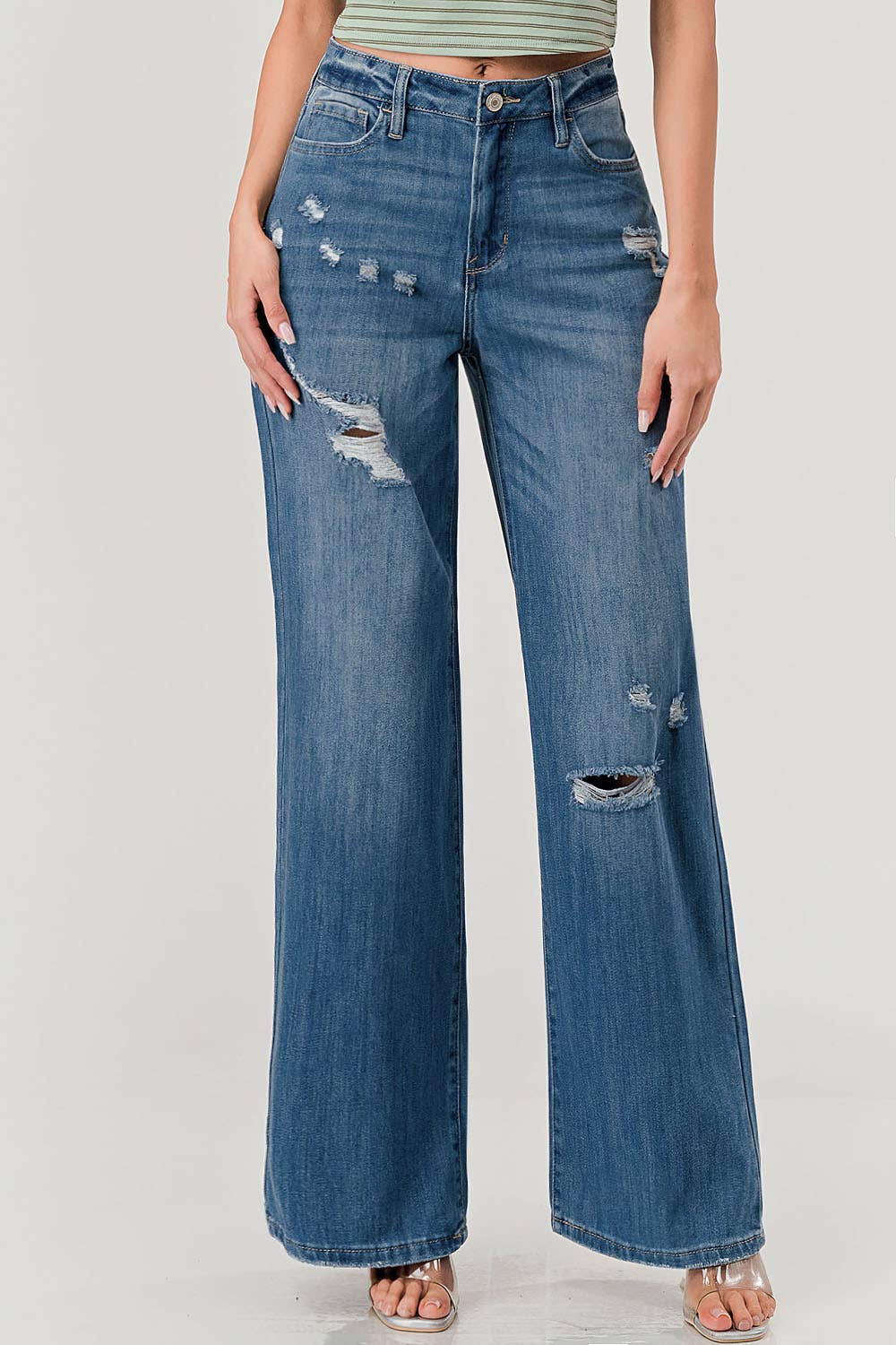 M1360O - Medium Wash - Knee Slit Distressed Skater Jeans
