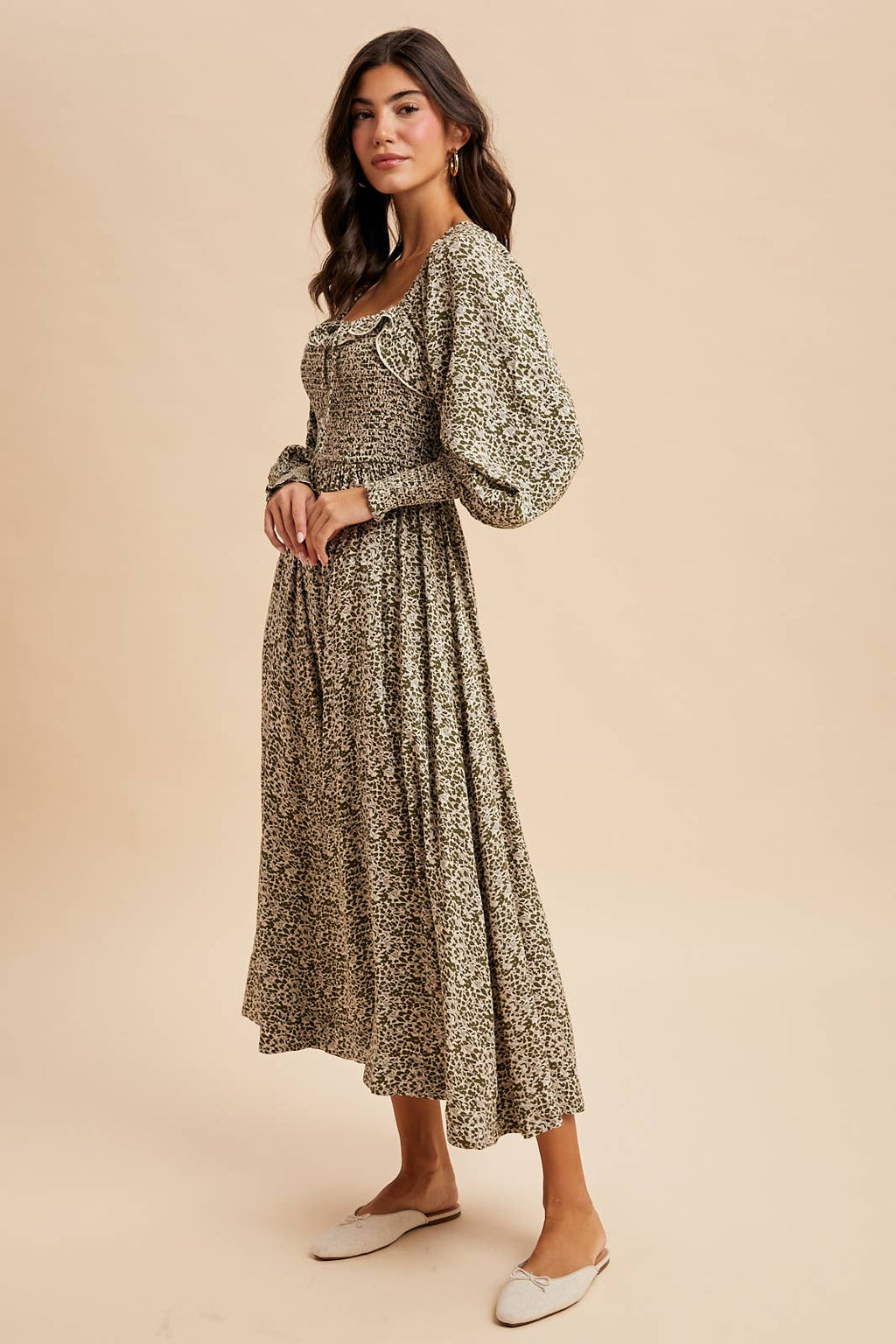 SMOCKED RUFFLED FLORAL MAXI