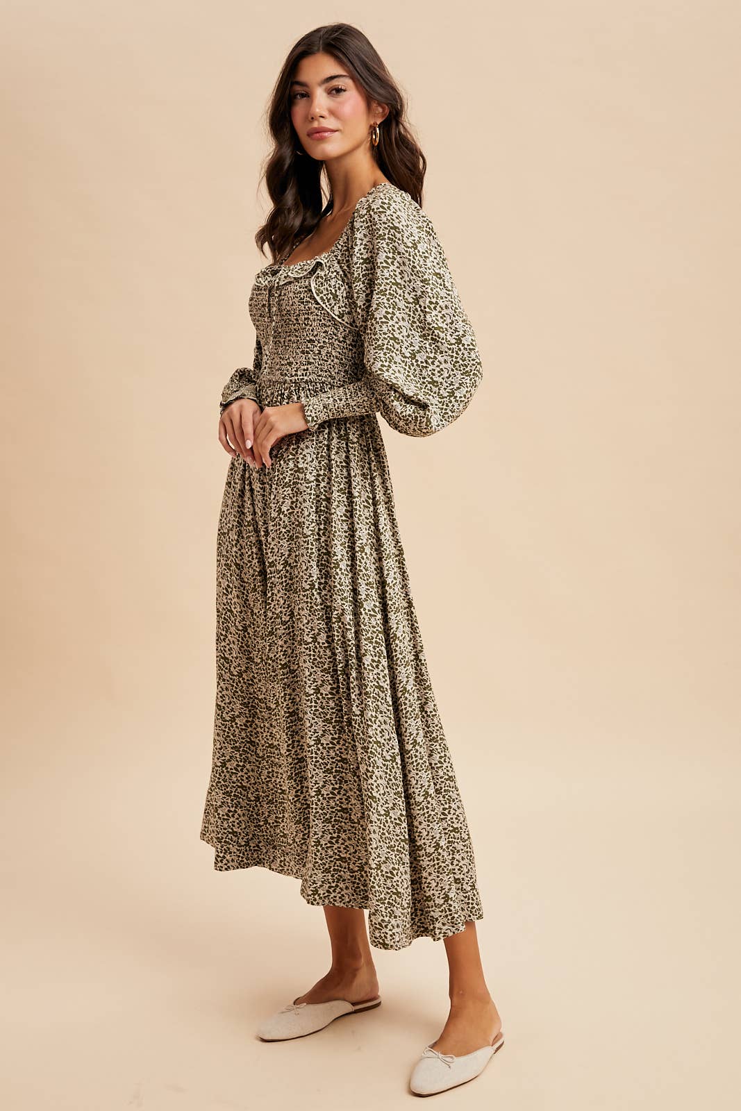 SMOCKED RUFFLED FLORAL MAXI