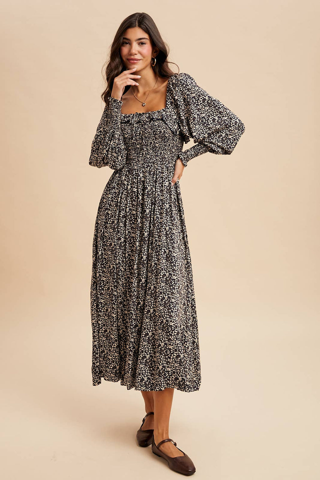 SMOCKED RUFFLED FLORAL MAXI