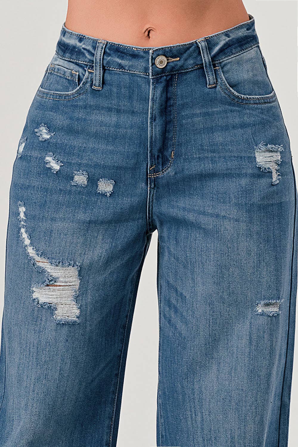 M1360O - Medium Wash - Knee Slit Distressed Skater Jeans