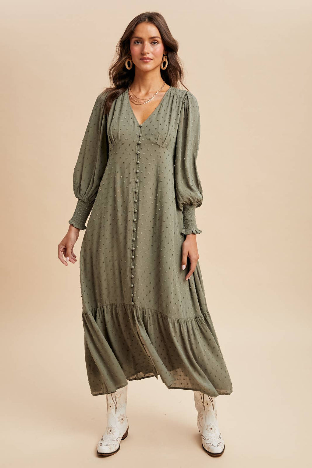 SWISS DOT BUTTON DOWN MAXI DRESS