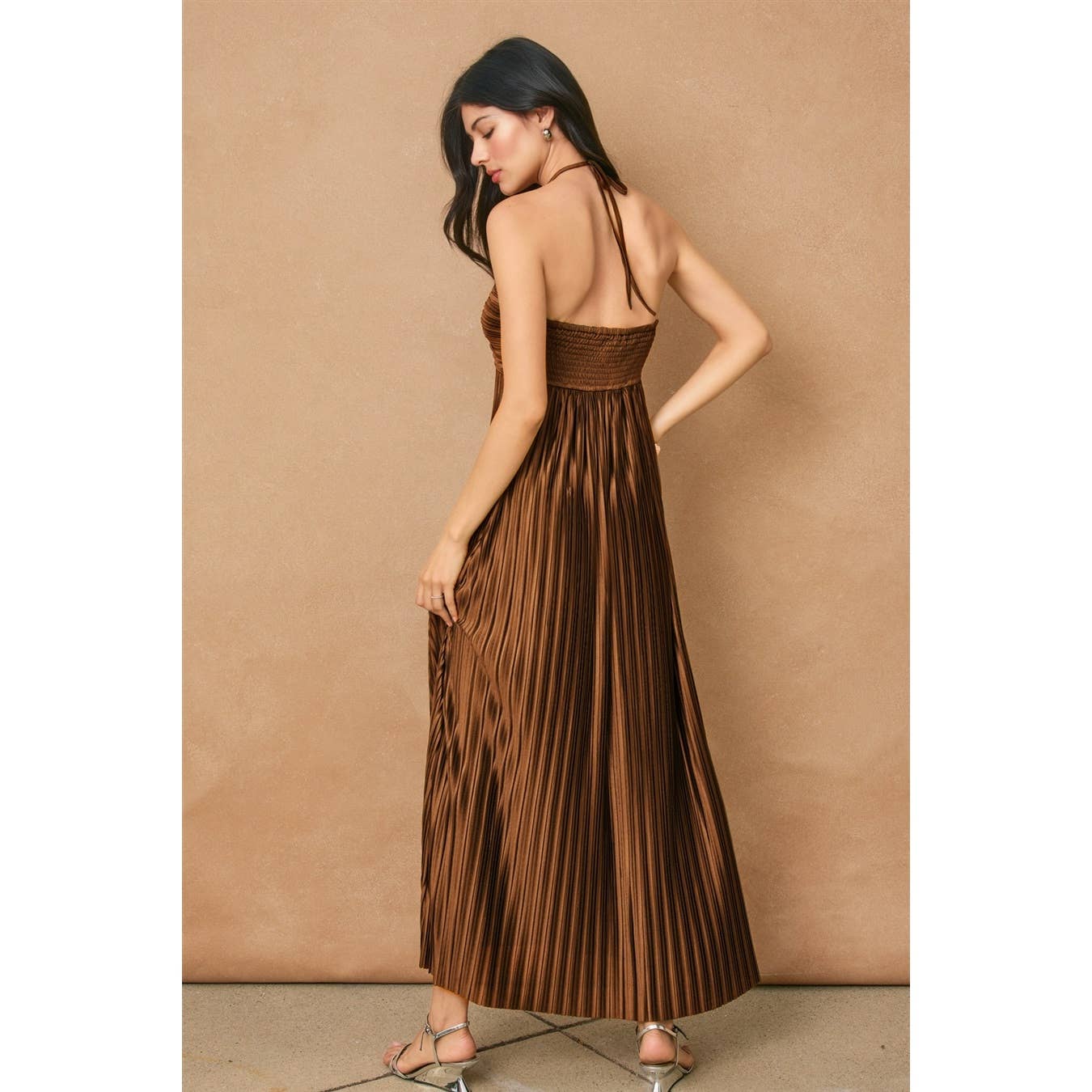 Pleated Halter Neck Maxi Dress