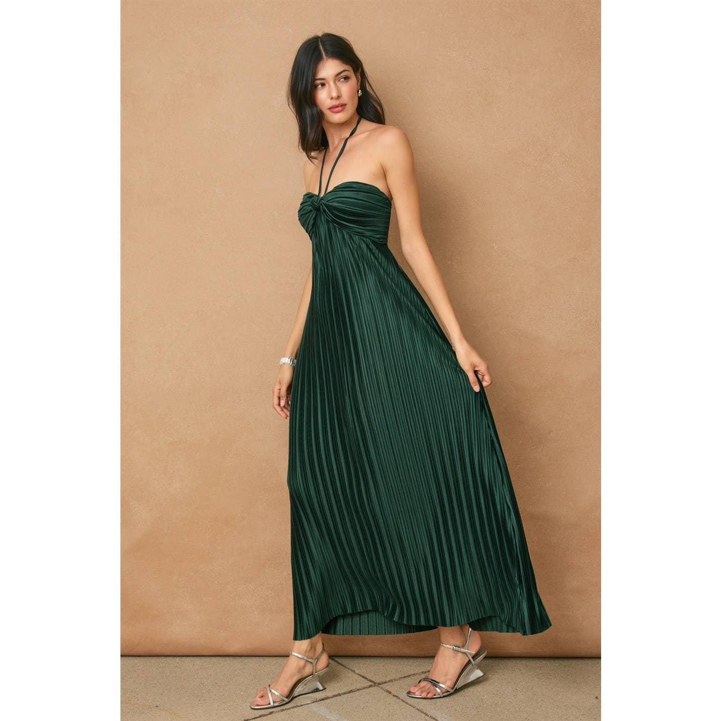 Pleated Halter Neck Maxi Dress