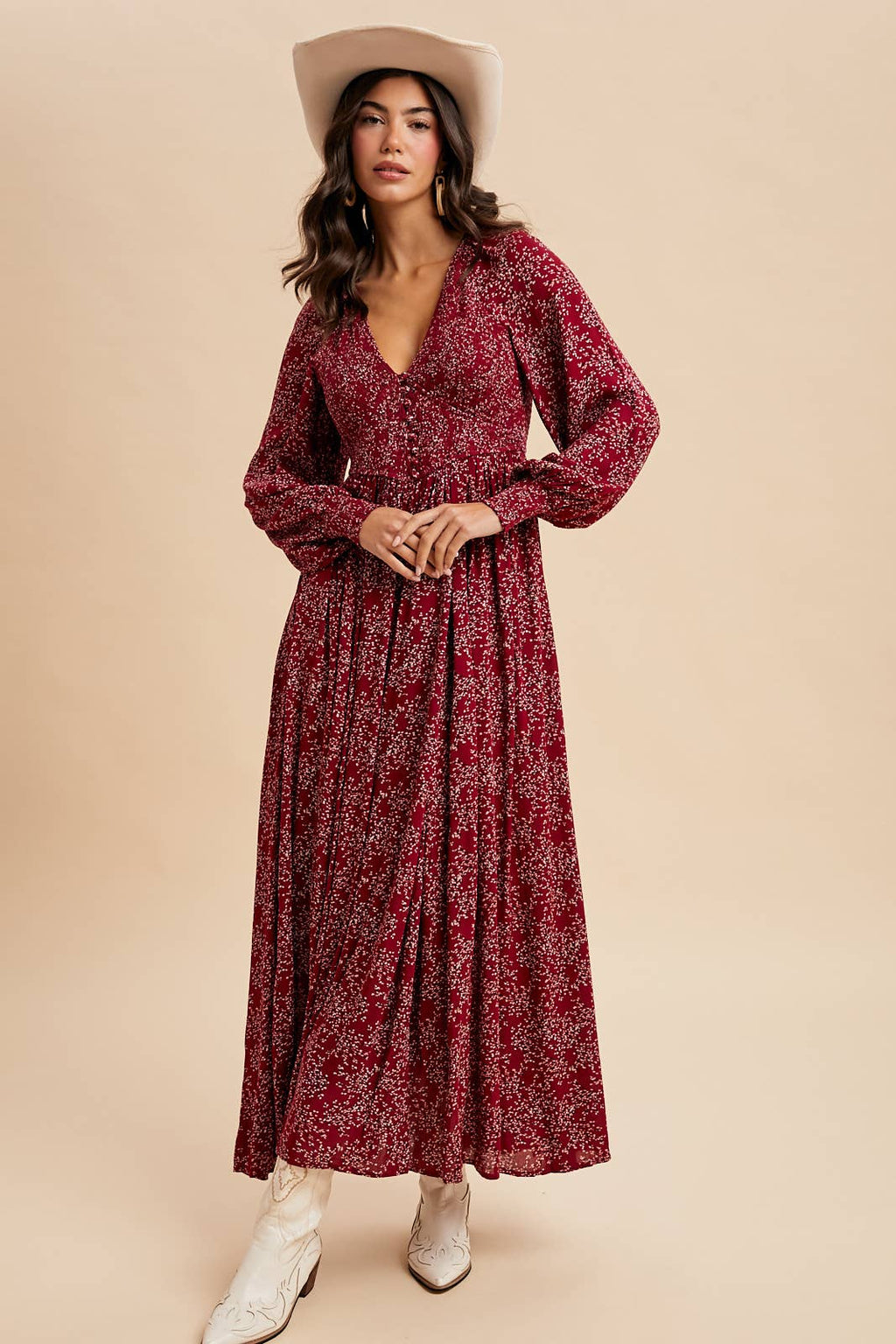 SMOCKED FLORAL MAXI DRESS