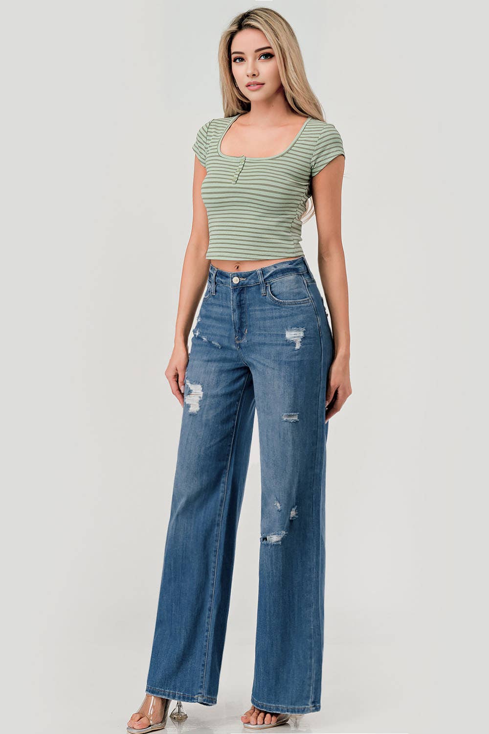 M1360O - Medium Wash - Knee Slit Distressed Skater Jeans