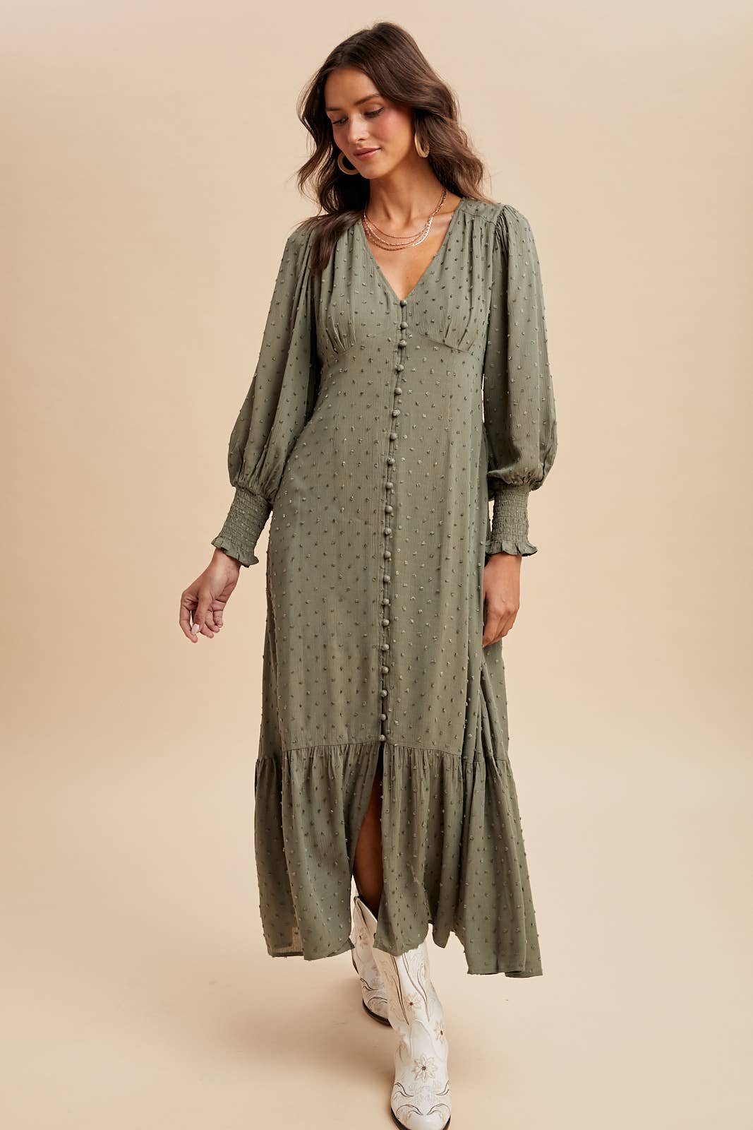 SWISS DOT BUTTON DOWN MAXI DRESS