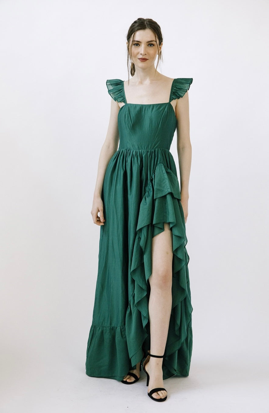Emerald Cascade Ruffle Dress