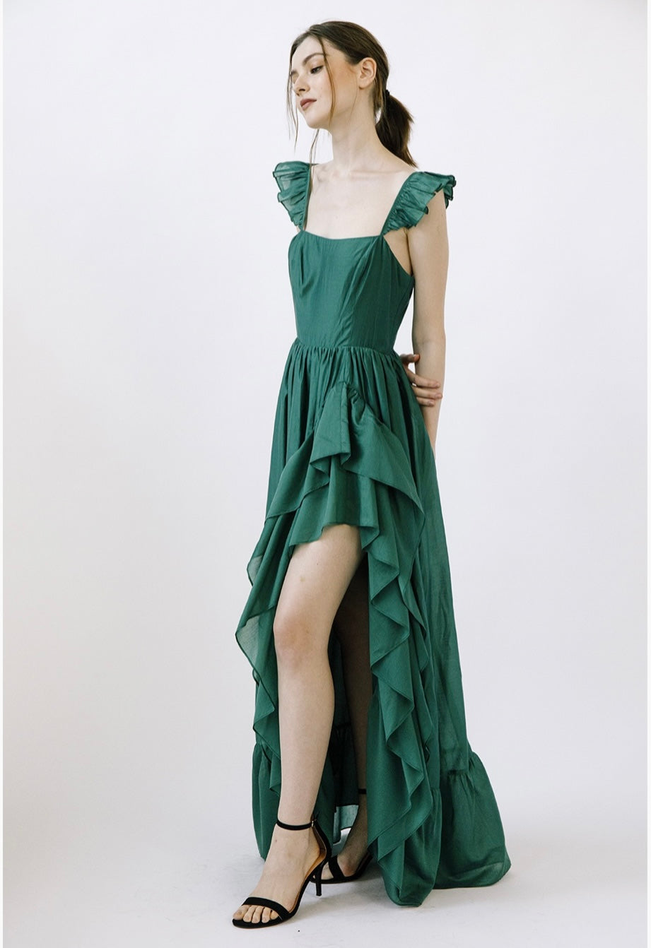 Emerald Cascade Ruffle Dress