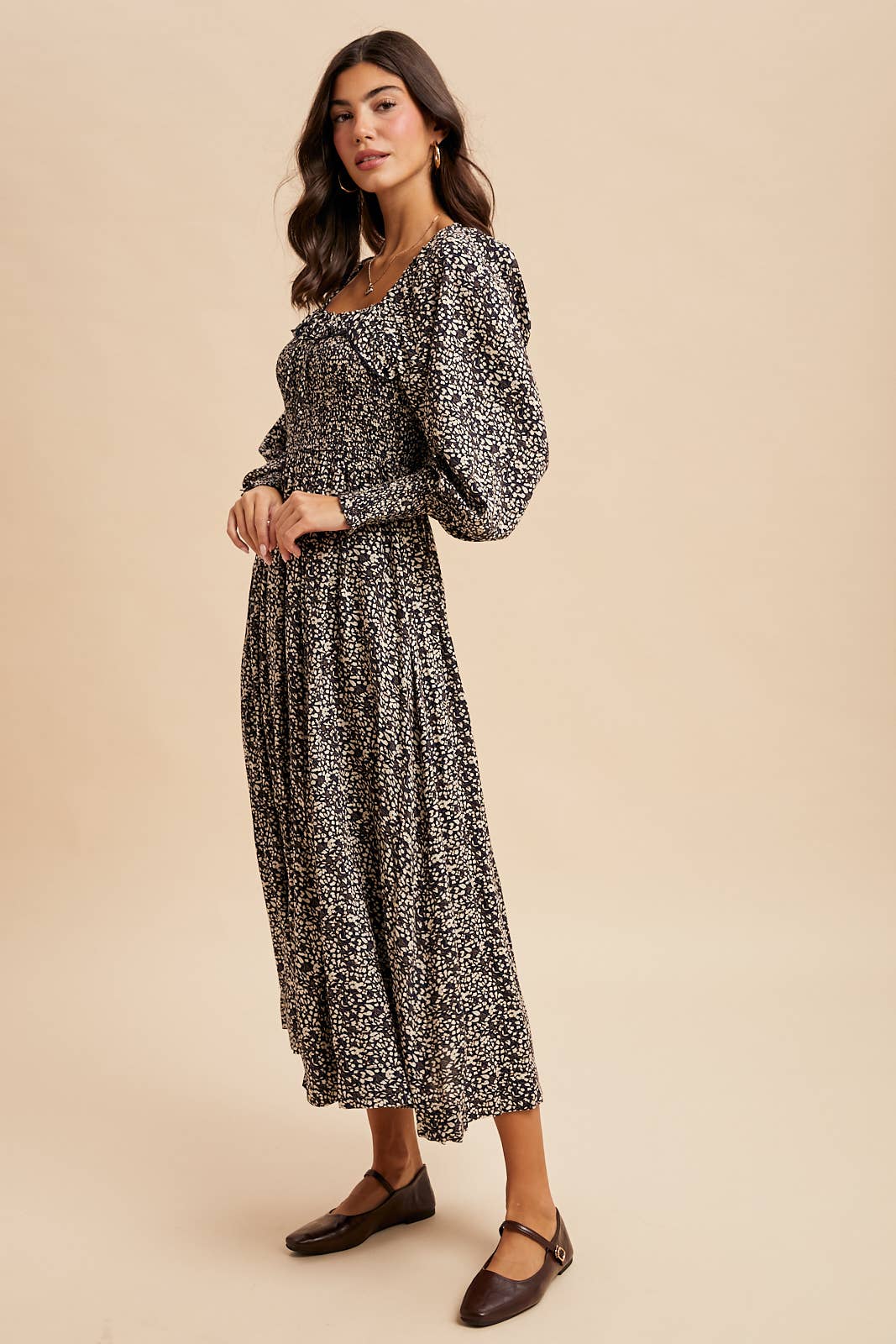 SMOCKED RUFFLED FLORAL MAXI