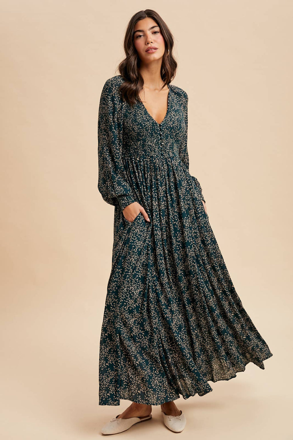 SMOCKED FLORAL MAXI DRESS