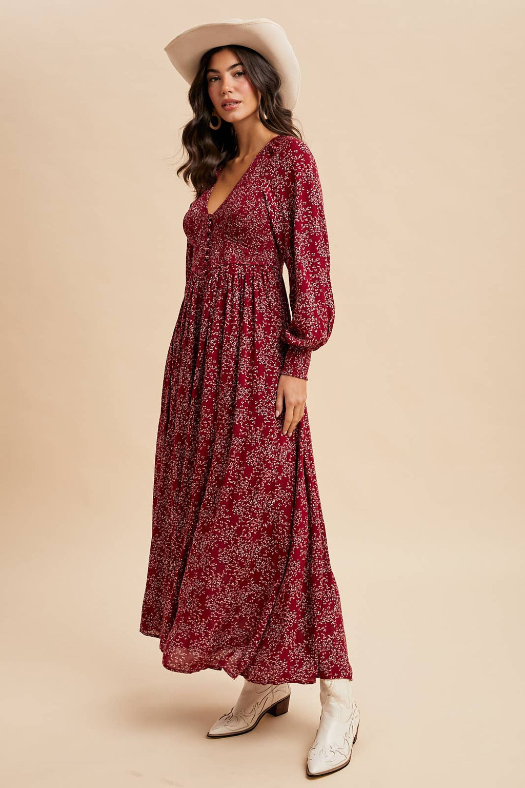 SMOCKED FLORAL MAXI DRESS