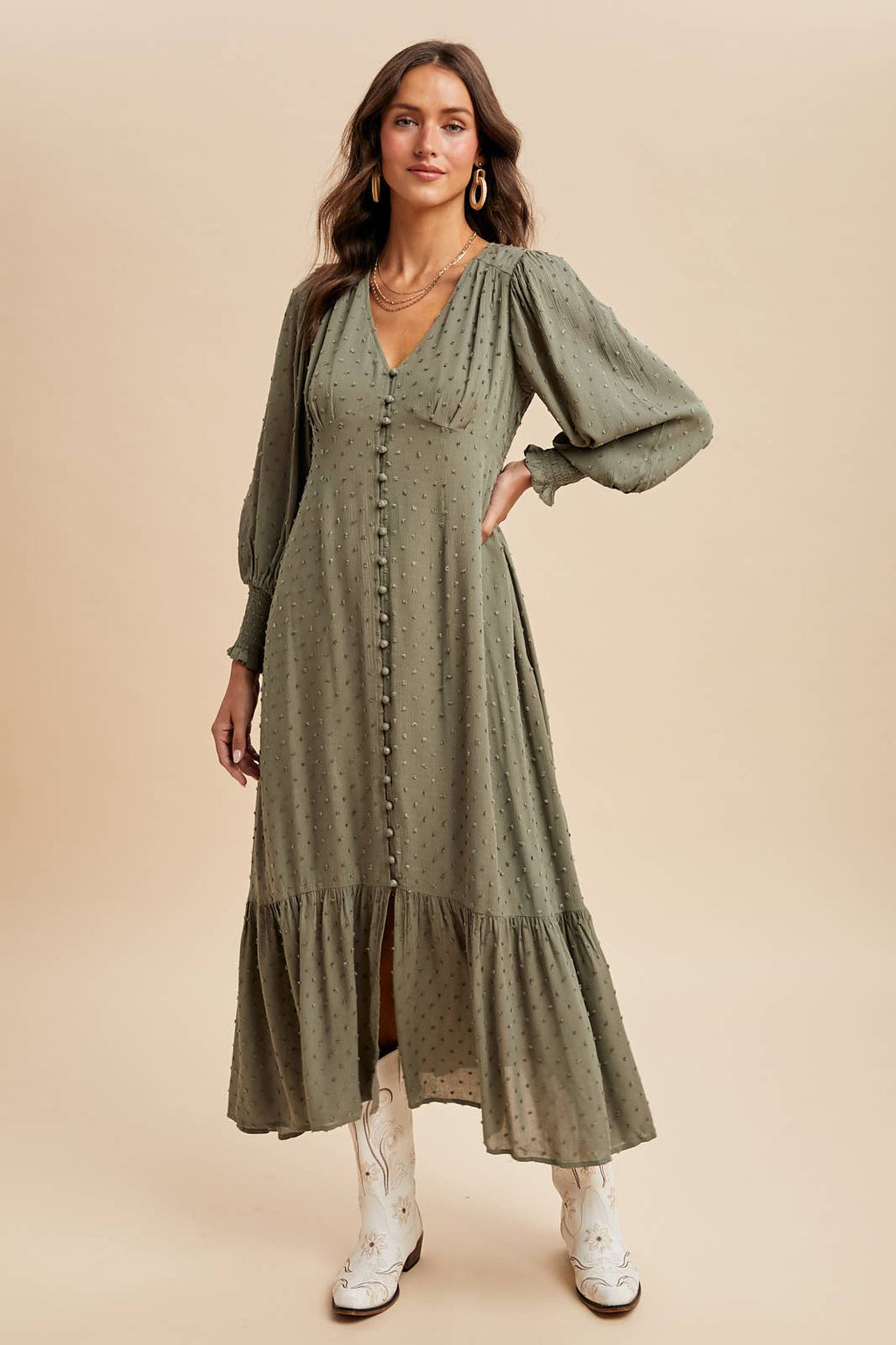 SWISS DOT BUTTON DOWN MAXI DRESS