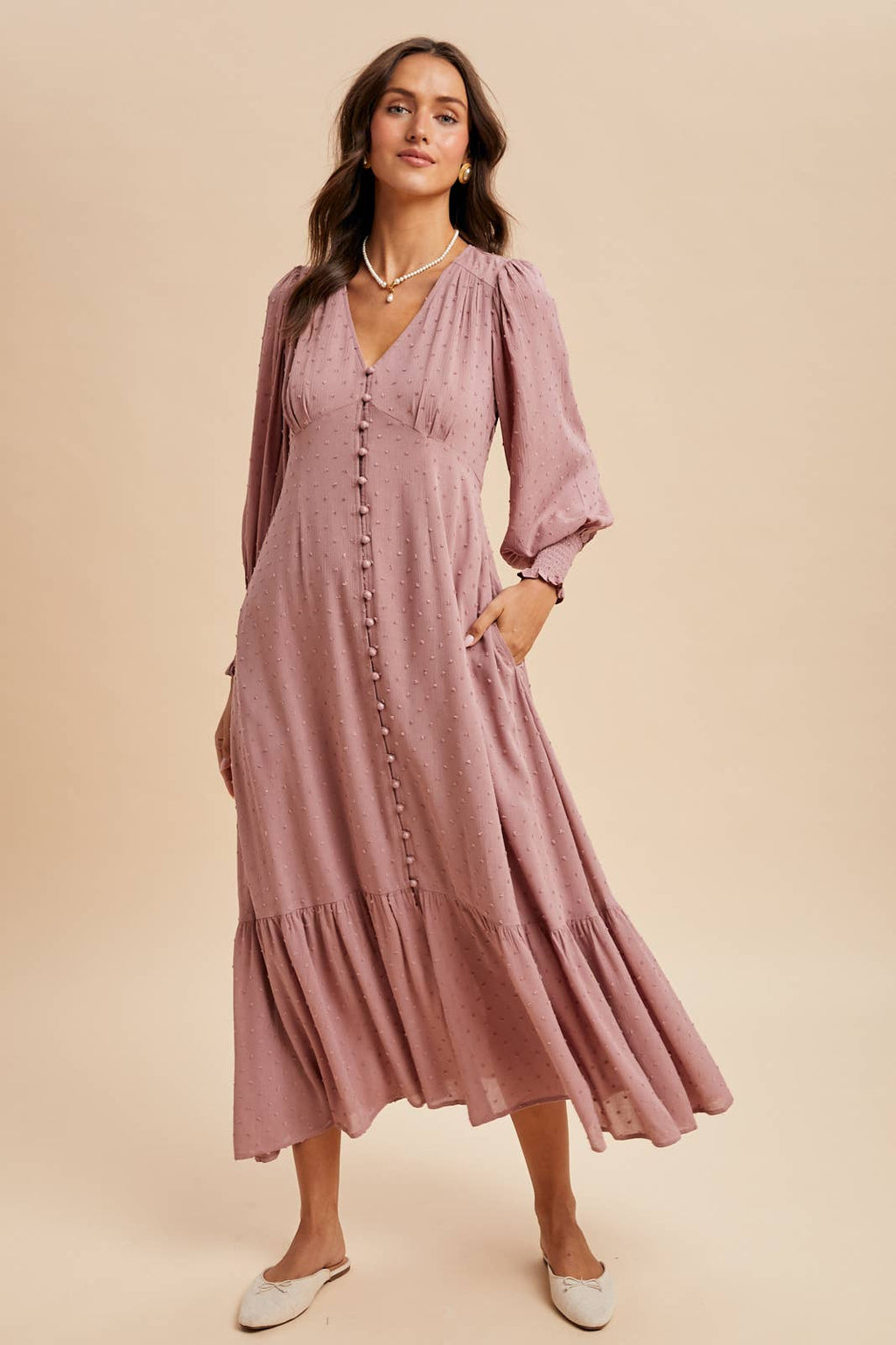SWISS DOT BUTTON DOWN MAXI DRESS