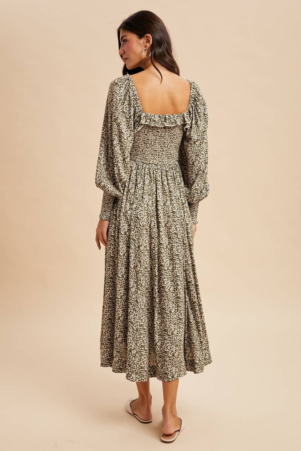 SMOCKED RUFFLED FLORAL MAXI