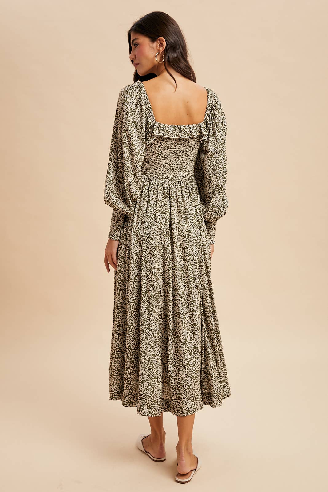 SMOCKED RUFFLED FLORAL MAXI