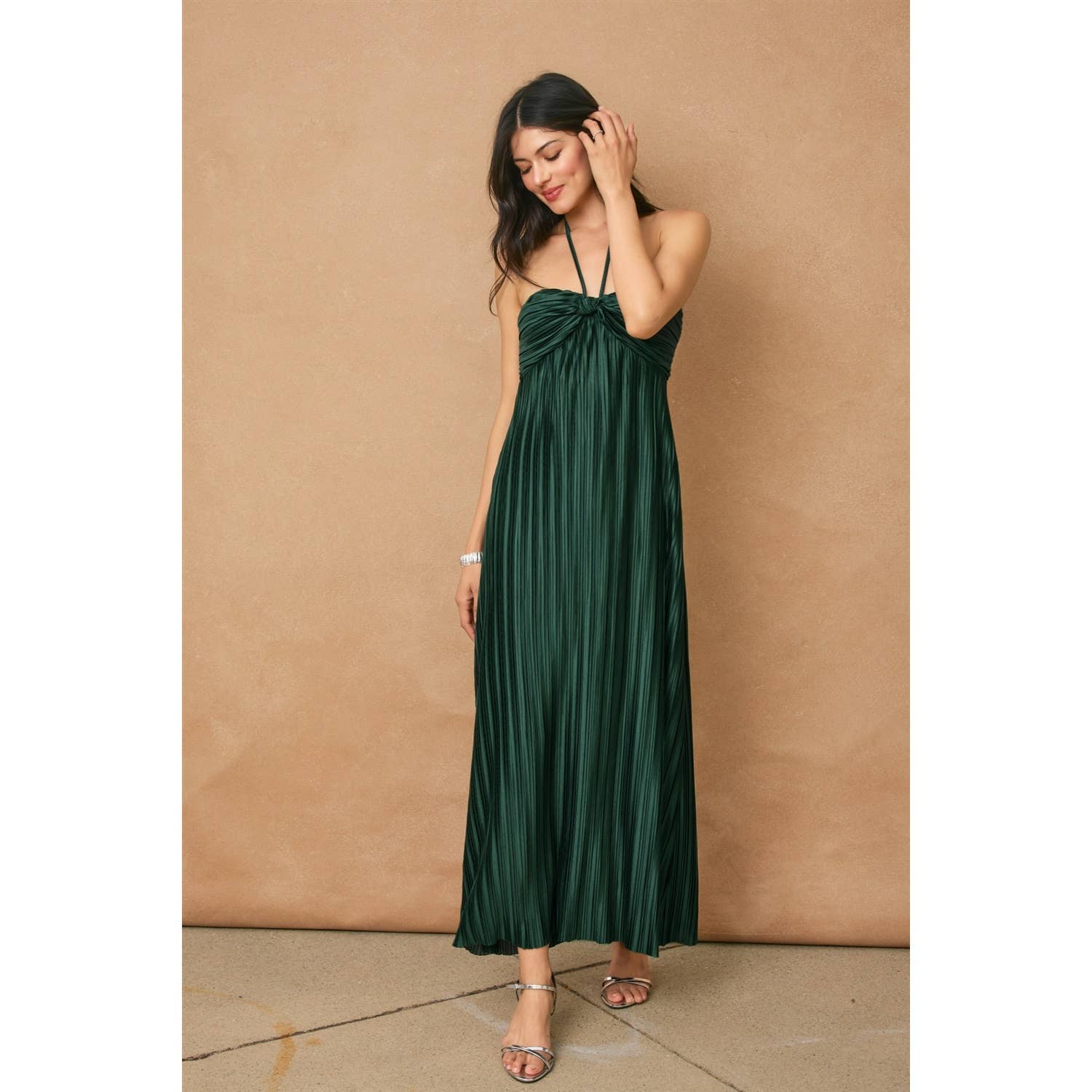 Pleated Halter Neck Maxi Dress