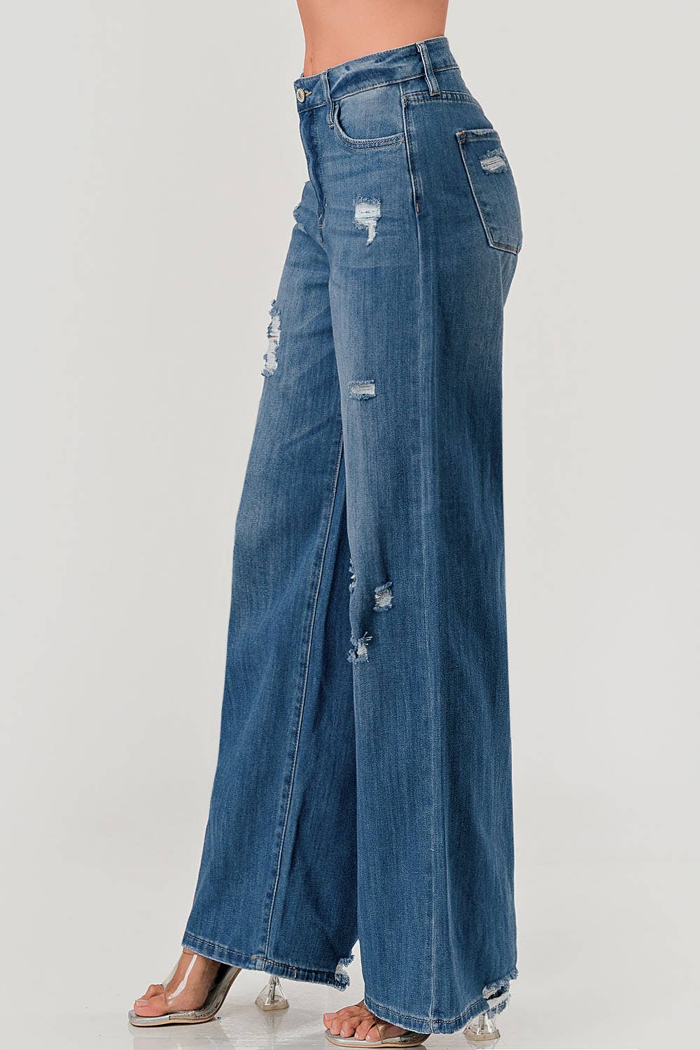 M1360O - Medium Wash - Knee Slit Distressed Skater Jeans